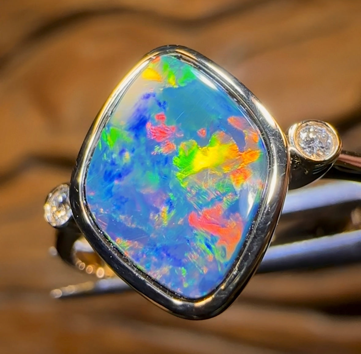 14k Gold - Queensland Boulder Doublet Opal Ring with Diamonds - Opal Whisperers