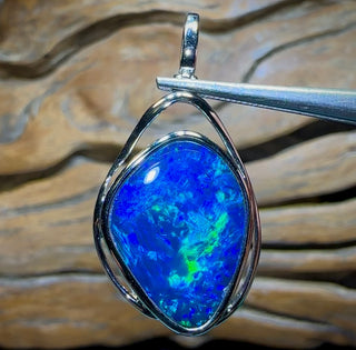 14k White Gold - TOP Australian Boulder Opal Doublet Pendant Large Size