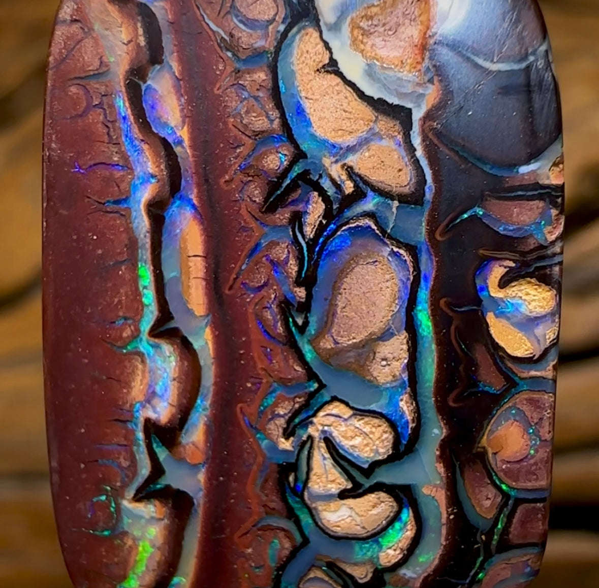 41.8cts - “Tribal Landscape Scene” Queensland Boulder Opal. Top Koroit Tribal Picture Stone Double Sided - Opal Whisperers