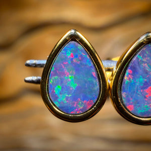 Bargain Card! Sterling Silver Gold Plated - Australian Boulder Opal Doublet Stud Earrings Red Fire