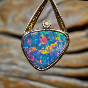 14k Gold - Queensland Boulder Opal Doublet and Diamond Pendant Red