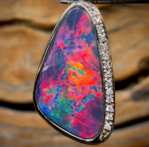 14k Gold - Queensland Boulder Opal Doublet Pendant Best Red Broad  Flash with Diamonds New 2026