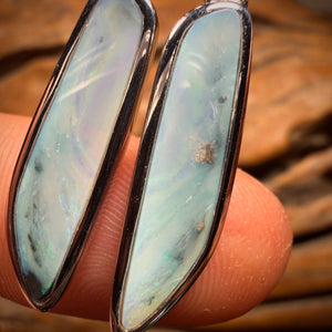 Sterling Silver - Large Solid South Australian White Opal Drop Stud Earrings BARGAIN