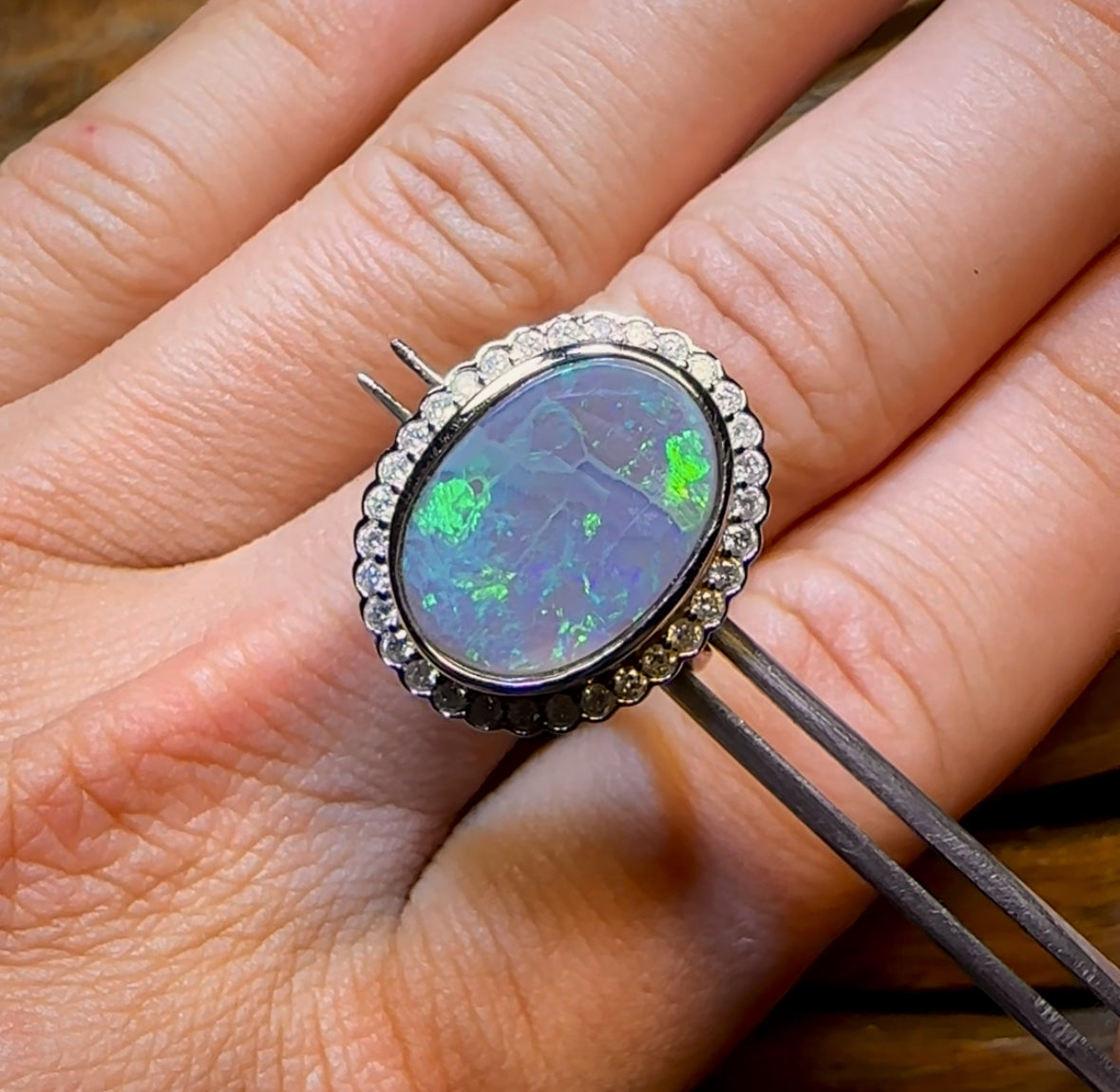 14k White Gold - Solid Lightning Ridge Black Opal Ring