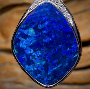 14k White Gold - Large Queensland Boulder Opal Doublet Pendant Top Ming Blue with Diamonds New 2026