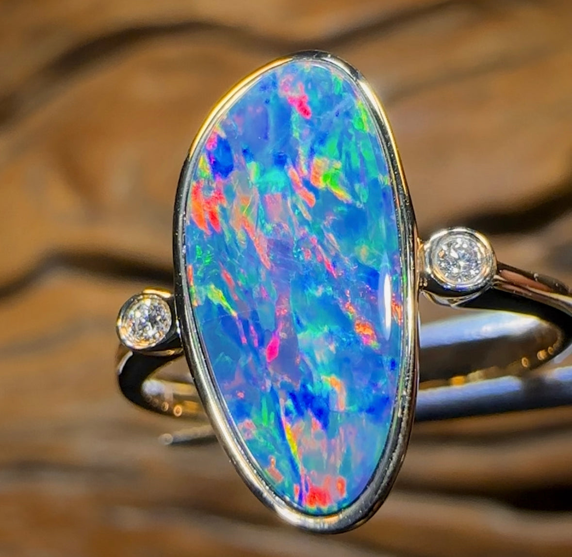 14k Gold - Queensland Boulder Doublet Opal Ring with Diamonds - Opal Whisperers