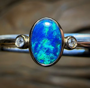 14k Gold - Queensland Boulder Doublet Opal Ring with Diamonds - Opal Whisperers