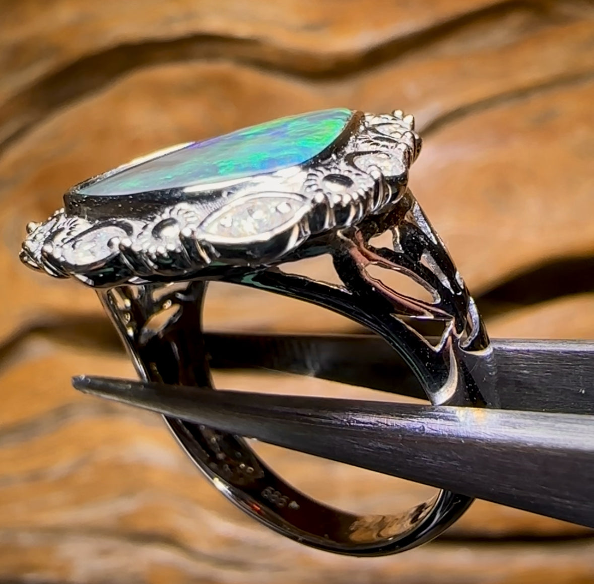 14k White Gold - Solid Lightning Ridge Black Opal Ring