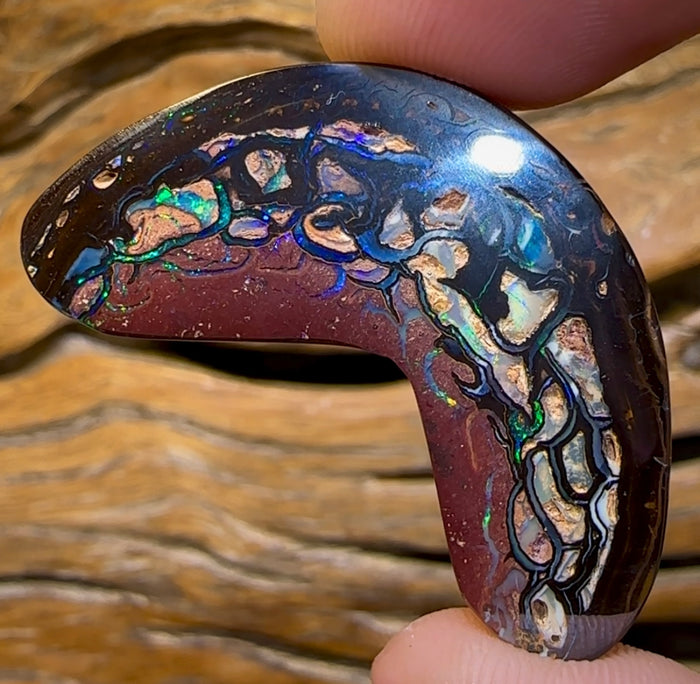 59.8cts - “Tribal Boomerang” Koroit Opal. Double Sided - Opal Whisperers
