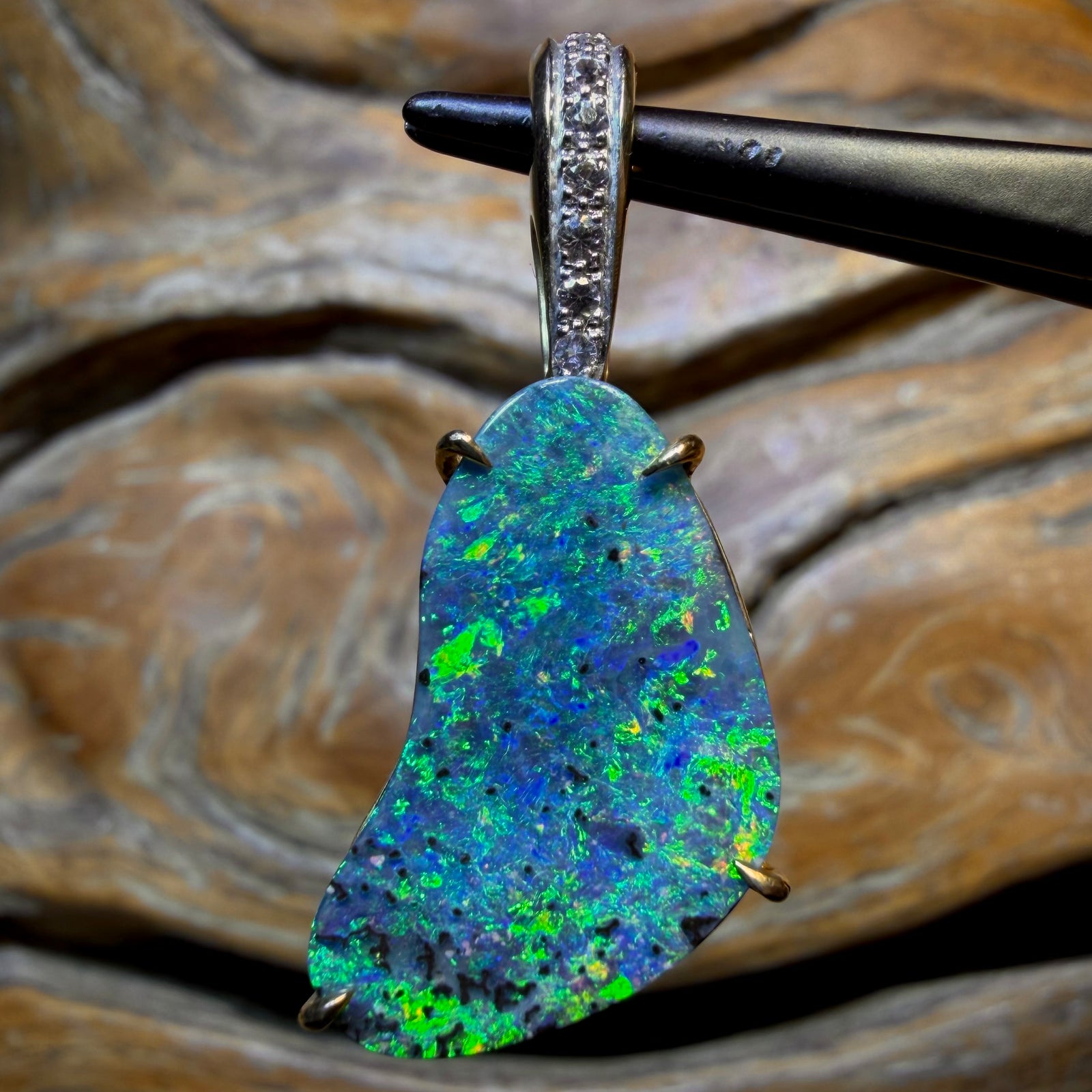 9k Gold - Solid Queensland Boulder Opal Pendant w/ Diamonds