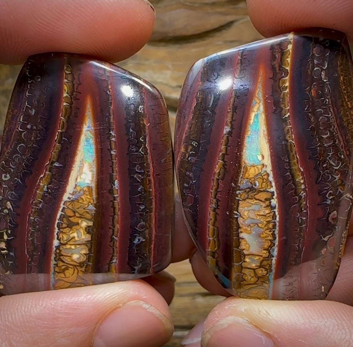 244.5cts - “Twin Caves” Koroit Nut Opal. TRIBAL PATTERN Picture Landscape Pair - Opal Whisperers