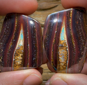 244.5cts - “Twin Caves” Koroit Nut Opal. TRIBAL PATTERN Picture Landscape Pair