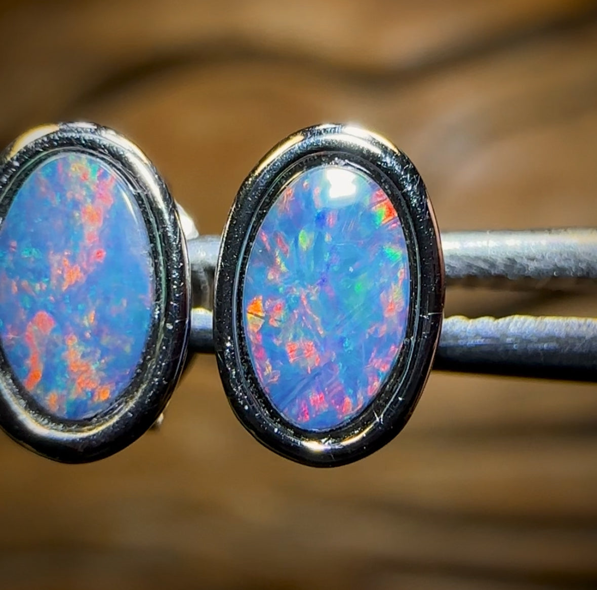 Sterling Silver - Australian Boulder Opal Doublet Stud Earrings Red/Multi. Bulk Listing
