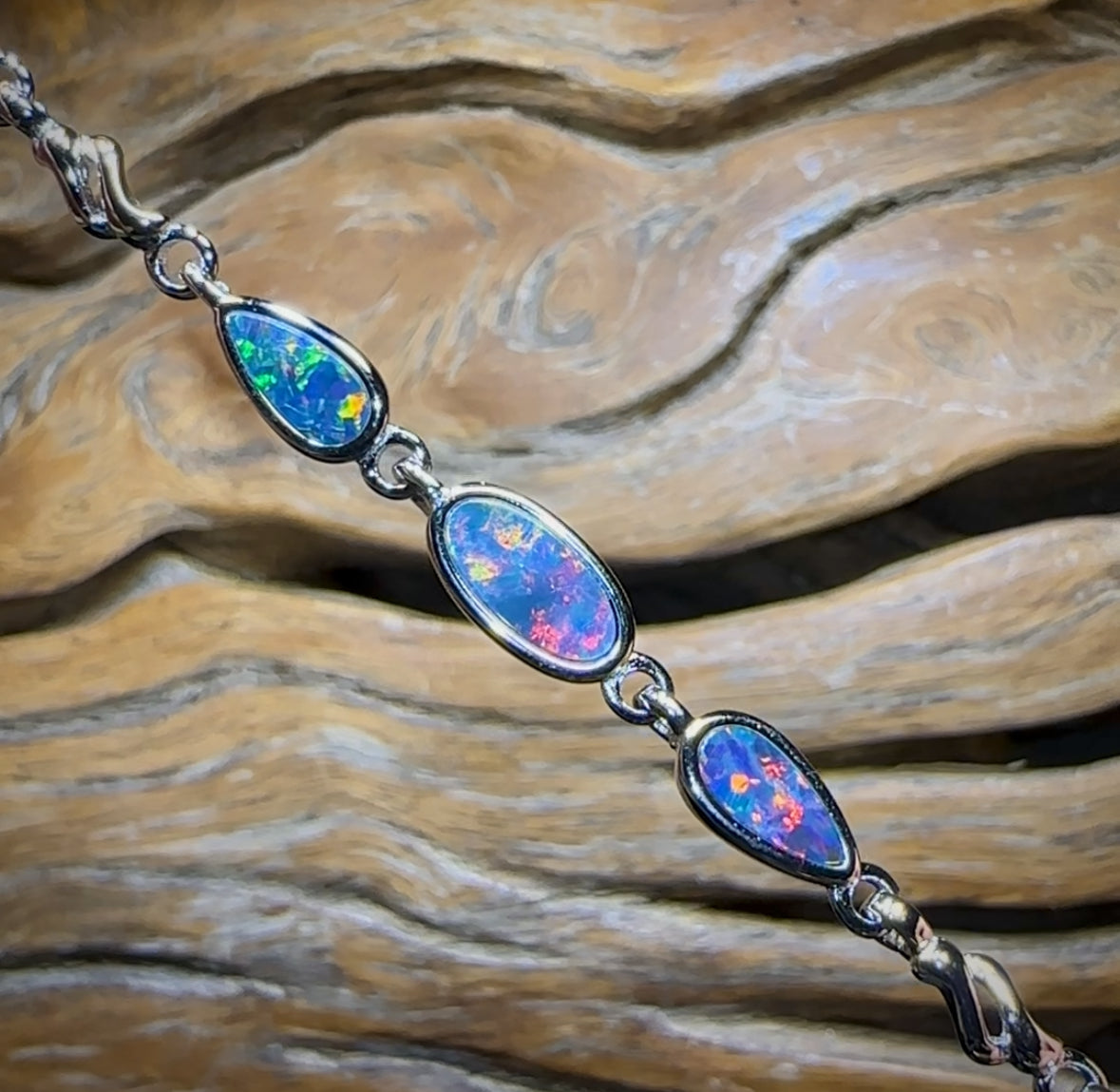 Sterling Silver - Australian Boulder Doublet Opal Bracelet Top Red Orange Multi Colour