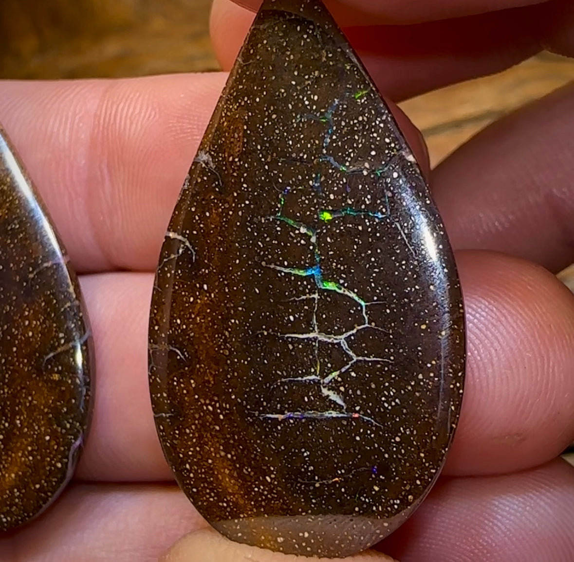 43.4cts - “Opal Web Tear Drops” Australian Boulder Opal Pair - Opal Whisperers