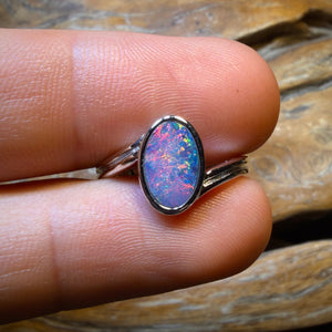 Bargain Card! Sterling Silver - Queensland Boulder Opal Red Multi Colour Doublet Ring