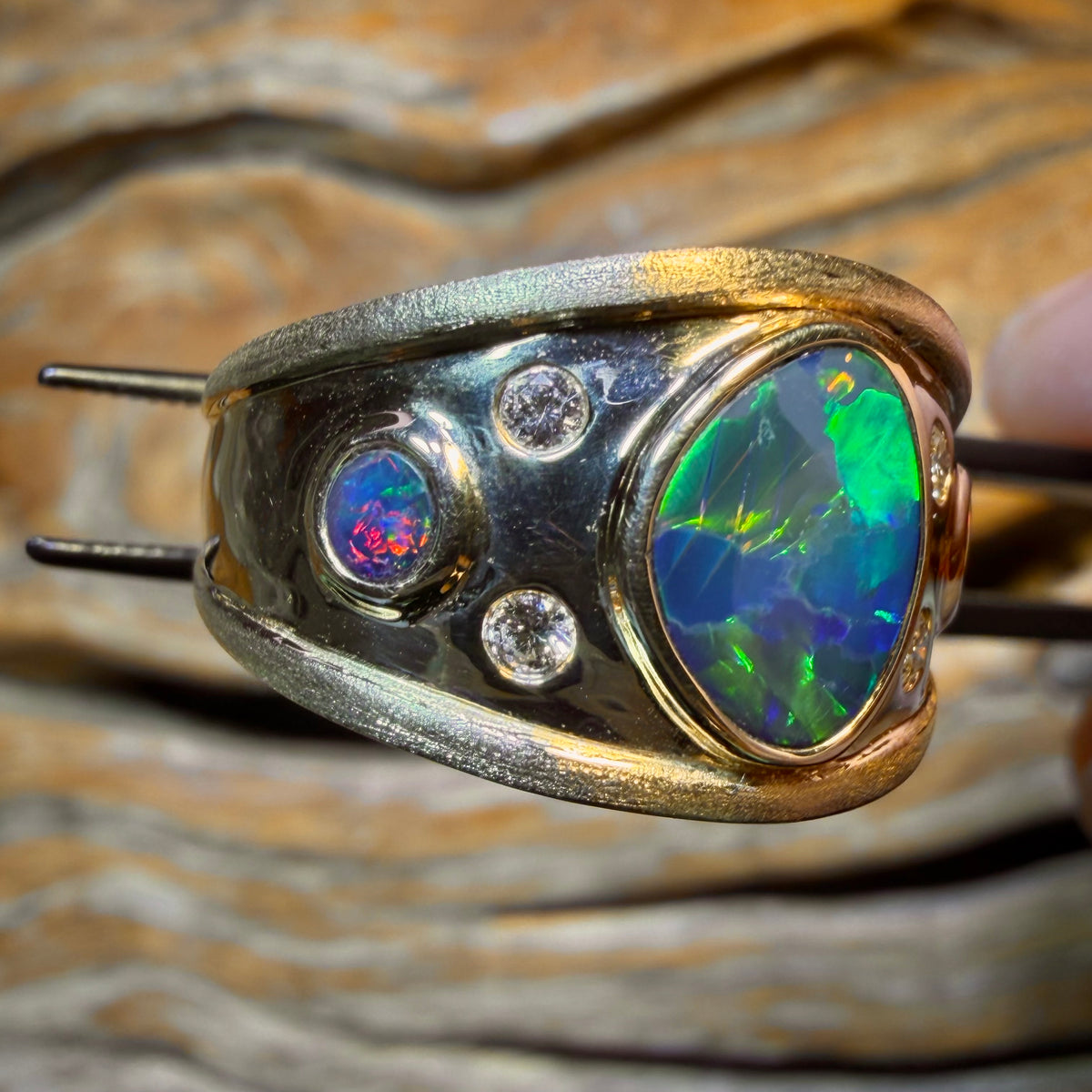 14k Gold - NEW Isaac Design TOP Queensland Boulder UNISEX Opal Doublet and Diamond Ring Harlequin Style Pattern