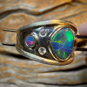 14k Gold - NEW Isaac Design TOP Queensland Boulder UNISEX Opal Doublet and Diamond Ring Harlequin Style Pattern