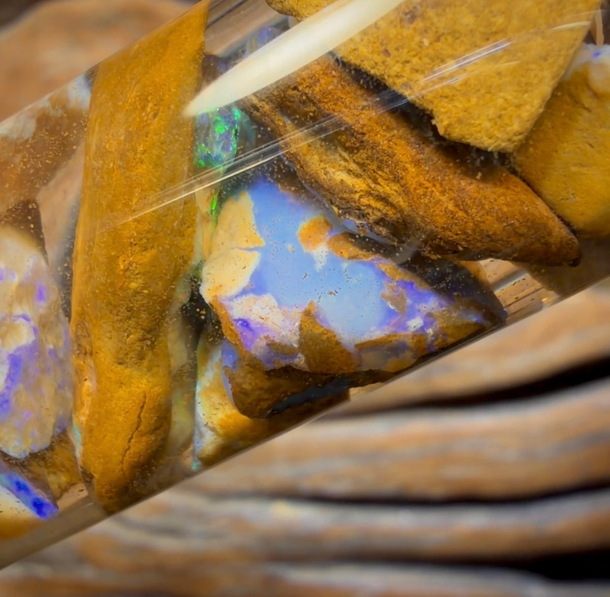 122,3 ct – Phiole mit Yowah-Nussopal-Rohstein und fossilem Opal