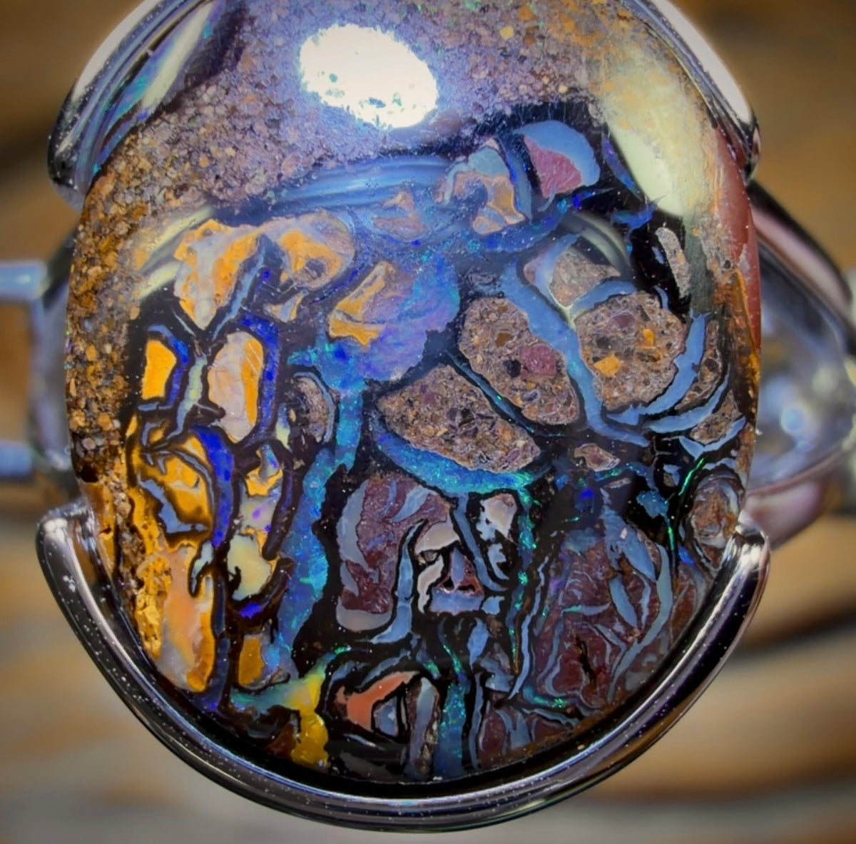 Sterling Silver - Solid Tribal Boulder Opal Ring