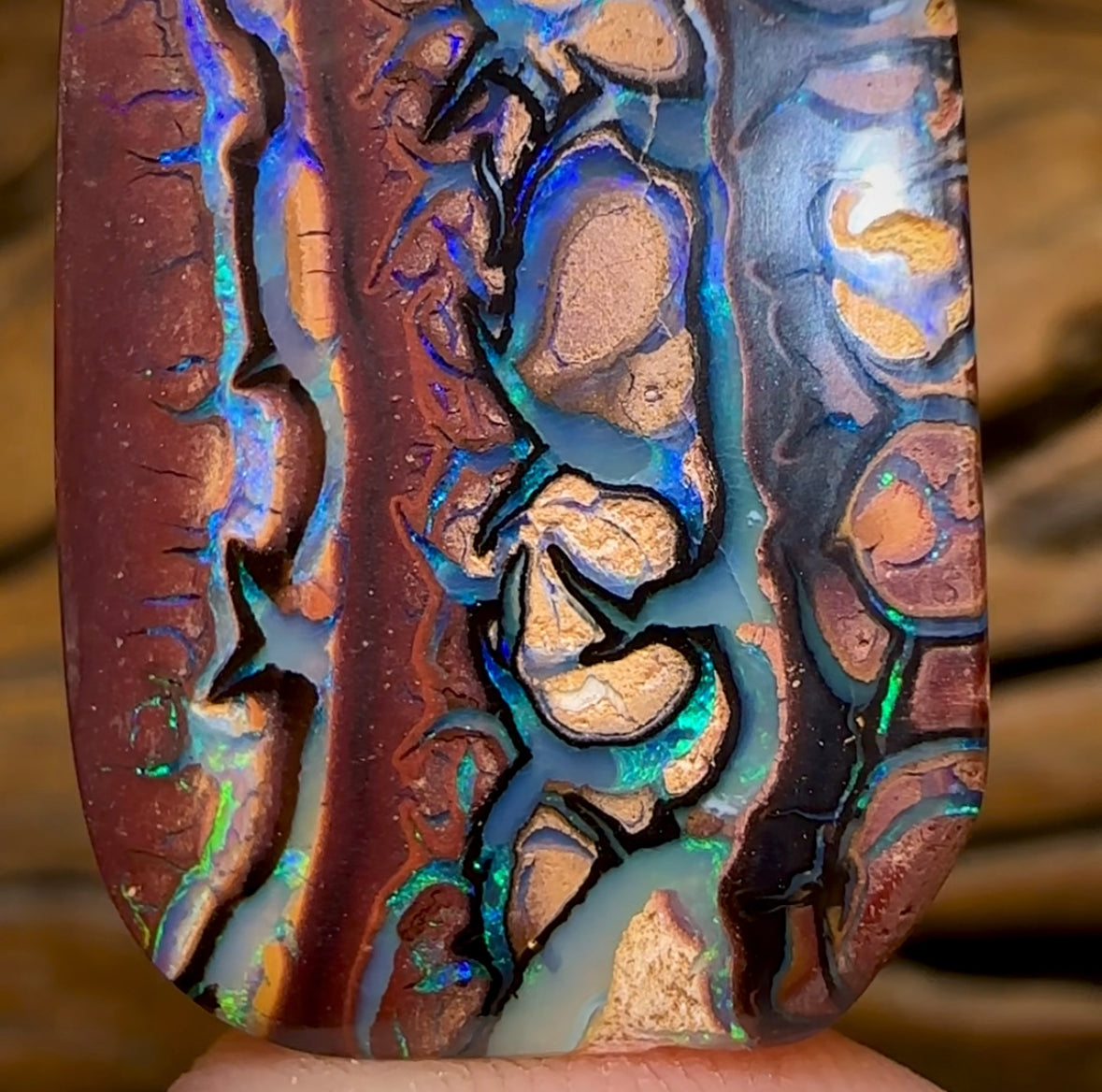 41.8cts - “Tribal Landscape Scene” Queensland Boulder Opal. Top Koroit Tribal Picture Stone Double Sided - Opal Whisperers