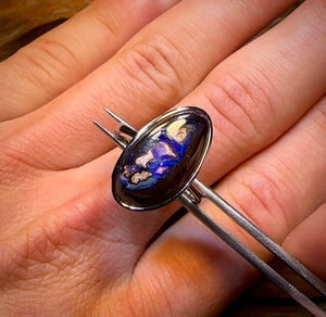 TRIBAL MUMMY Sterling Silver - Solid Yowah Nut Kernel with Tribal Pattern Opal Ring