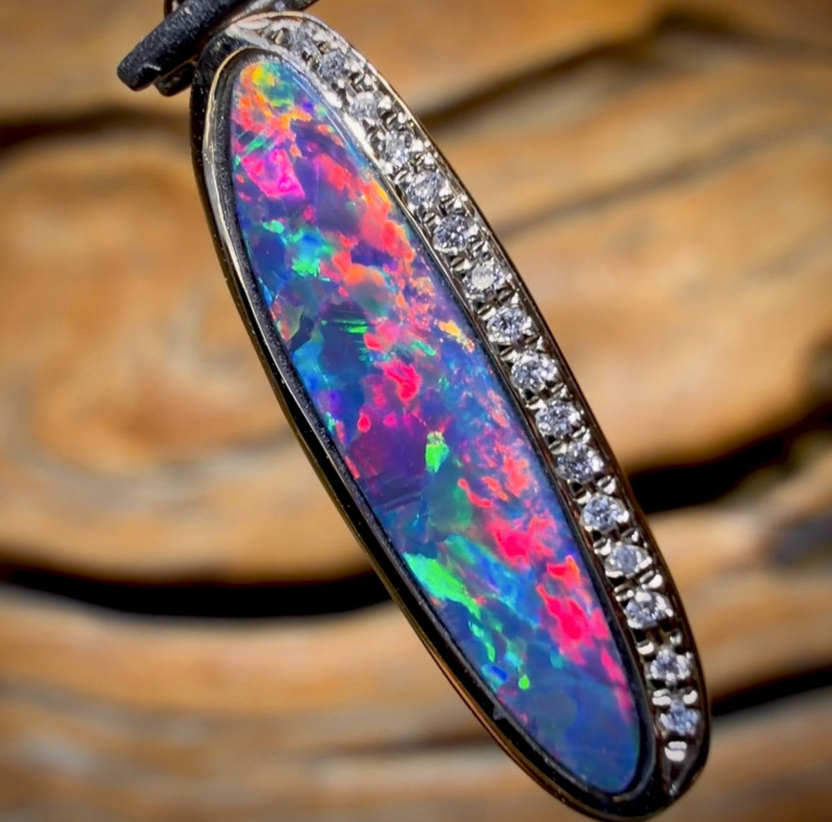 14k Gold - Queensland Boulder Opal Doublet Pendant Top Red Multi Fire with Diamonds New 2026