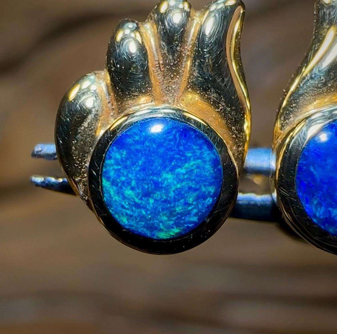 18k Gold - Australian Boulder Opal Doublet Earrings. Old Gold Price - Opal Whisperers