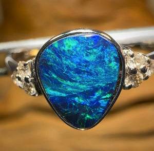 14K White Gold - Queensland Boulder Opal Doublet Ring with Diamonds - Opal Whisperers