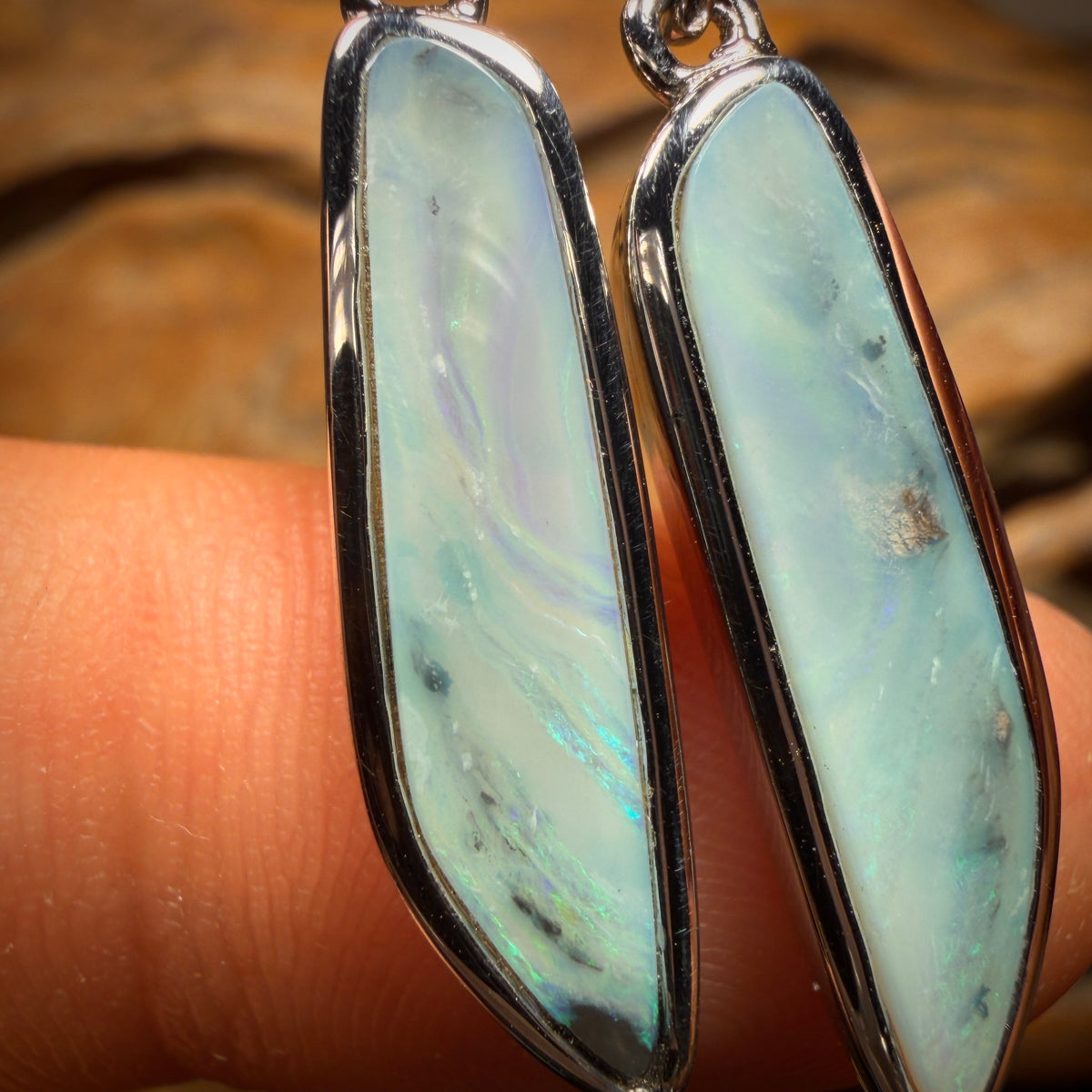 Sterling Silver - Large Solid South Australian White Opal Drop Stud Earrings BARGAIN