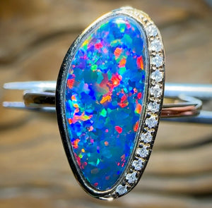 14k Gold - Queensland Boulder Opal Doublet Ring with Diamonds Red Fire - Opal Whisperers