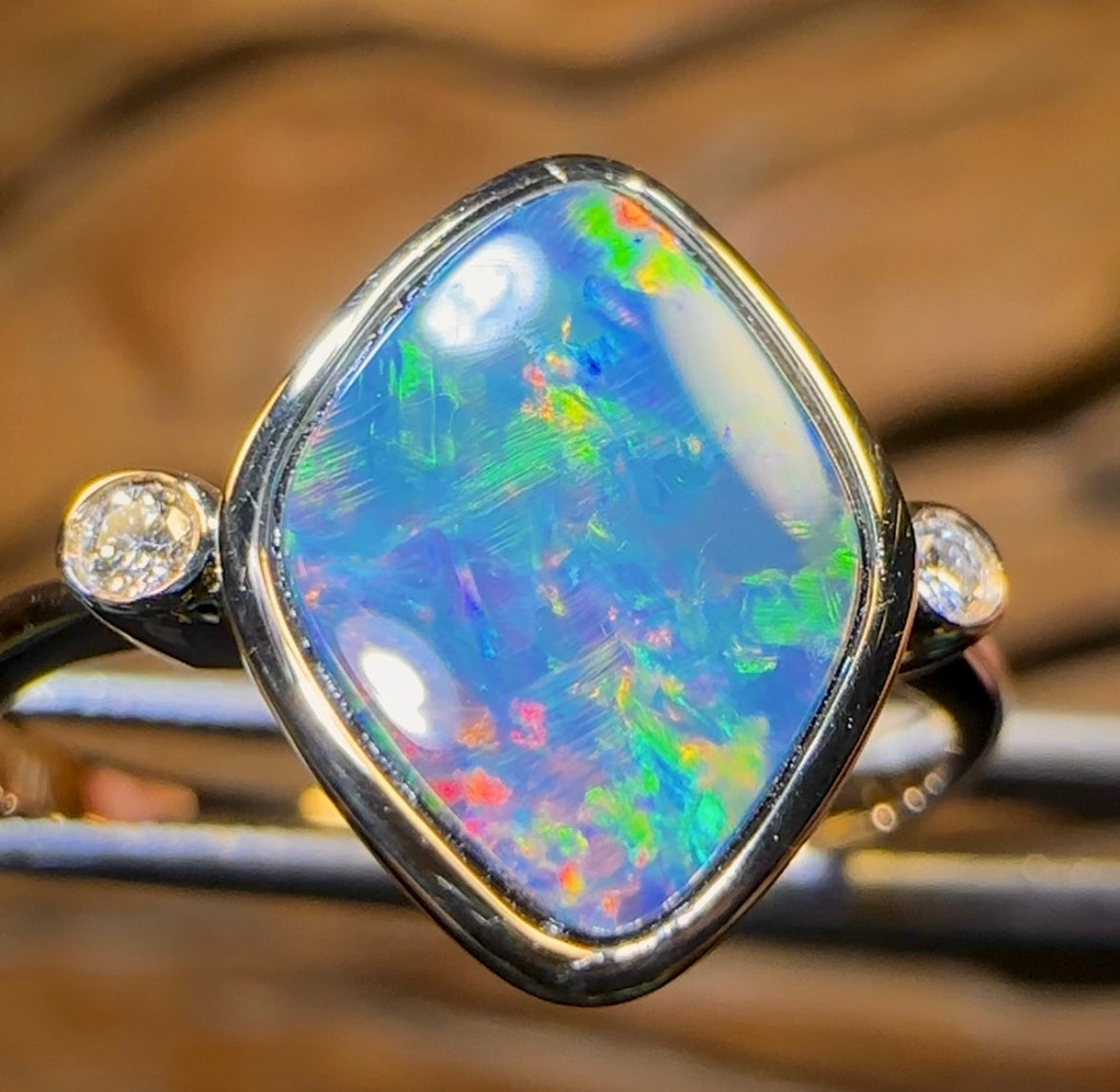 14k Gold - Queensland Boulder Doublet Opal Ring with Diamonds - Opal Whisperers