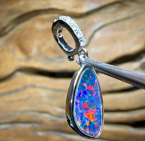 14k White Gold - Queensland Boulder Doublet Opal Pendant Best Deep Red - Opal Whisperers