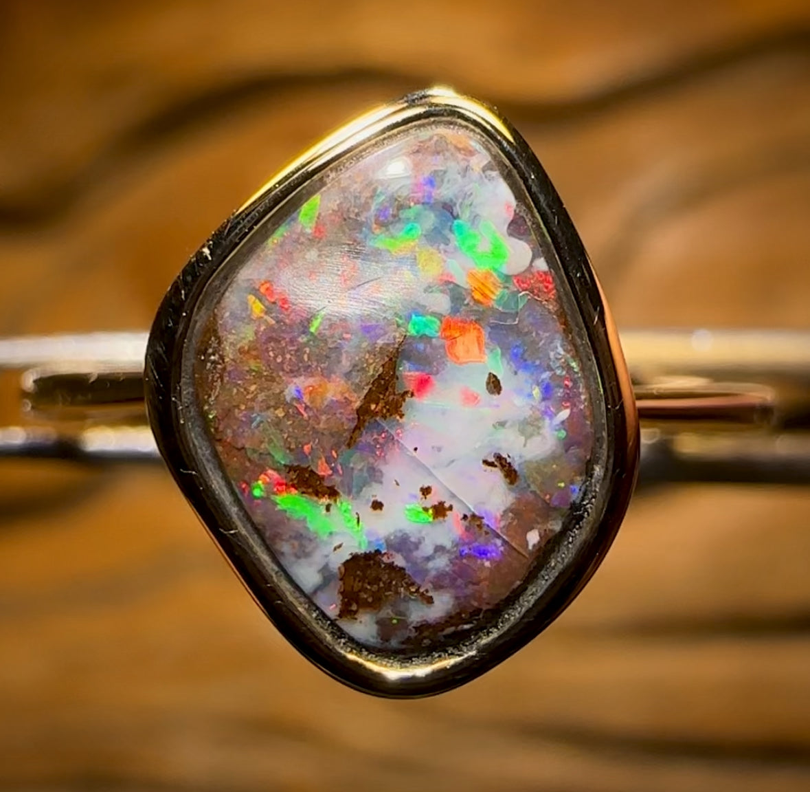 14k Gold - Solid Queensland Boulder Opal Ring With Red Fire