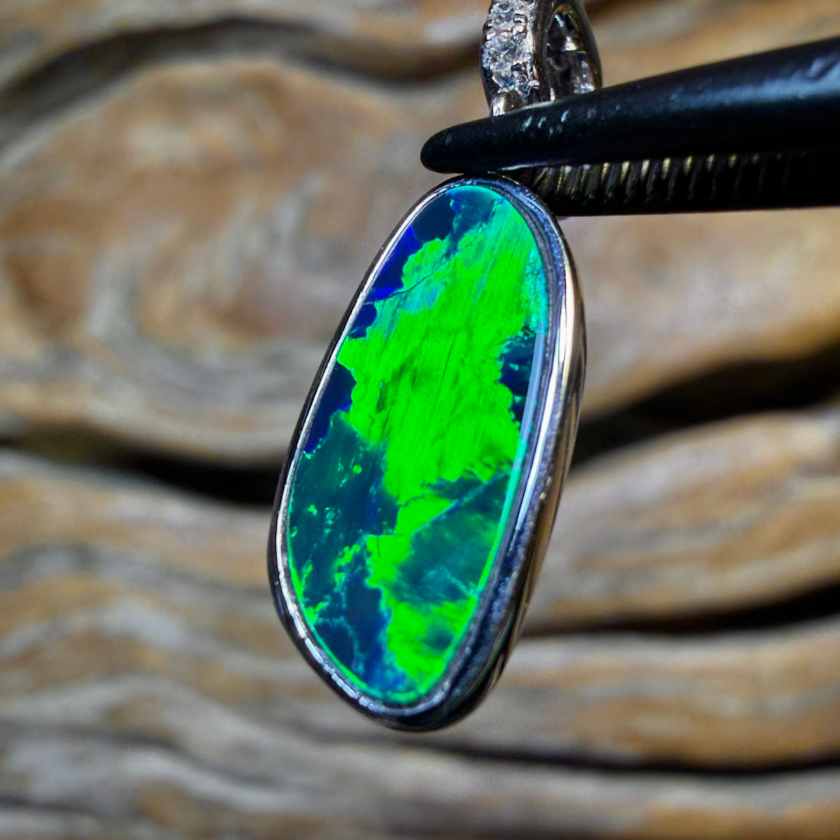 14k White Gold - Green Hornet Queensland Boulder Opal Doublet Pendant