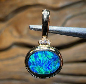 14k Gold and Diamond - Boulder Doublet Opal Pendant - Opal Whisperers