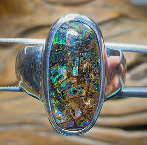 Silver Solid Queensland Boulder Tribal Australian Opal Ring - Opal Whisperers