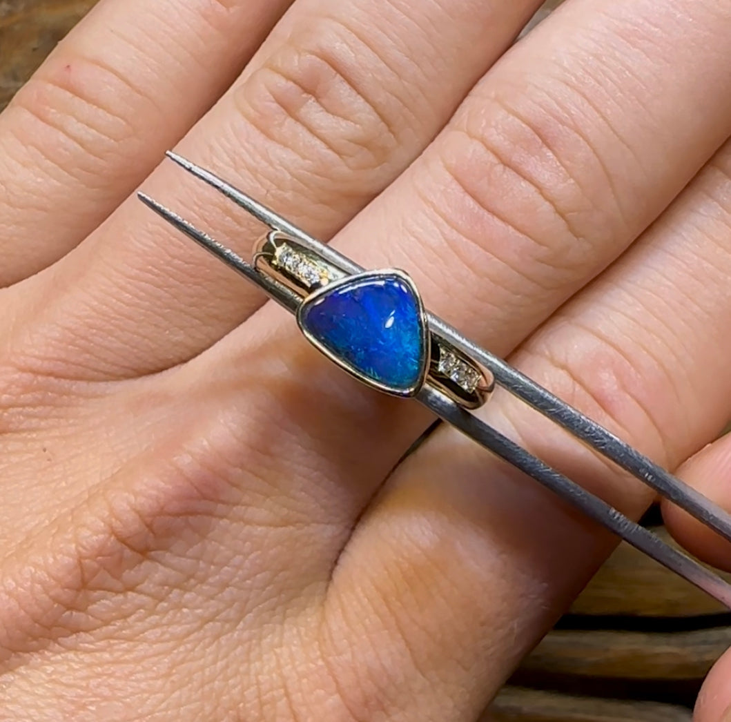 14k Gold - Solid Queensland Boulder Opal Ring with Diamonds - Opal Whisperers