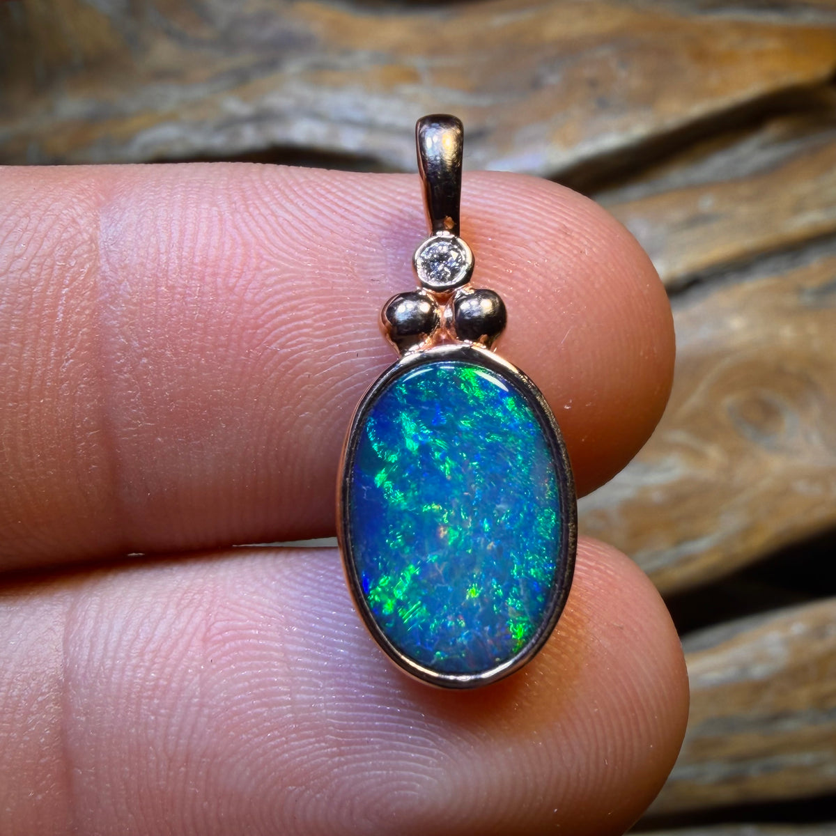 10k Rose Gold - NEW Isaac Design Lightning Ridge Opal Doublet Diamond Pendant
