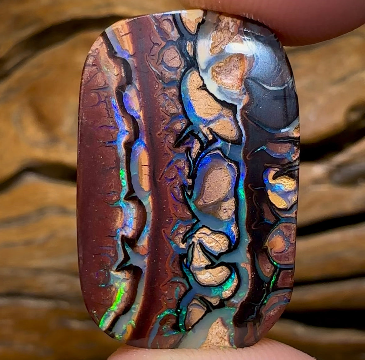41.8cts - “Tribal Landscape Scene” Queensland Boulder Opal. Top Koroit Tribal Picture Stone Double Sided - Opal Whisperers
