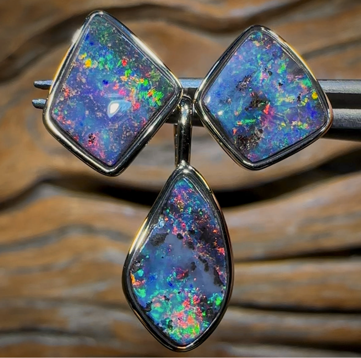 Triple Trouble in 14k Gold - Solid Queensland Boulder Opal Pendant and Earring Set with Fire Red Multicolour