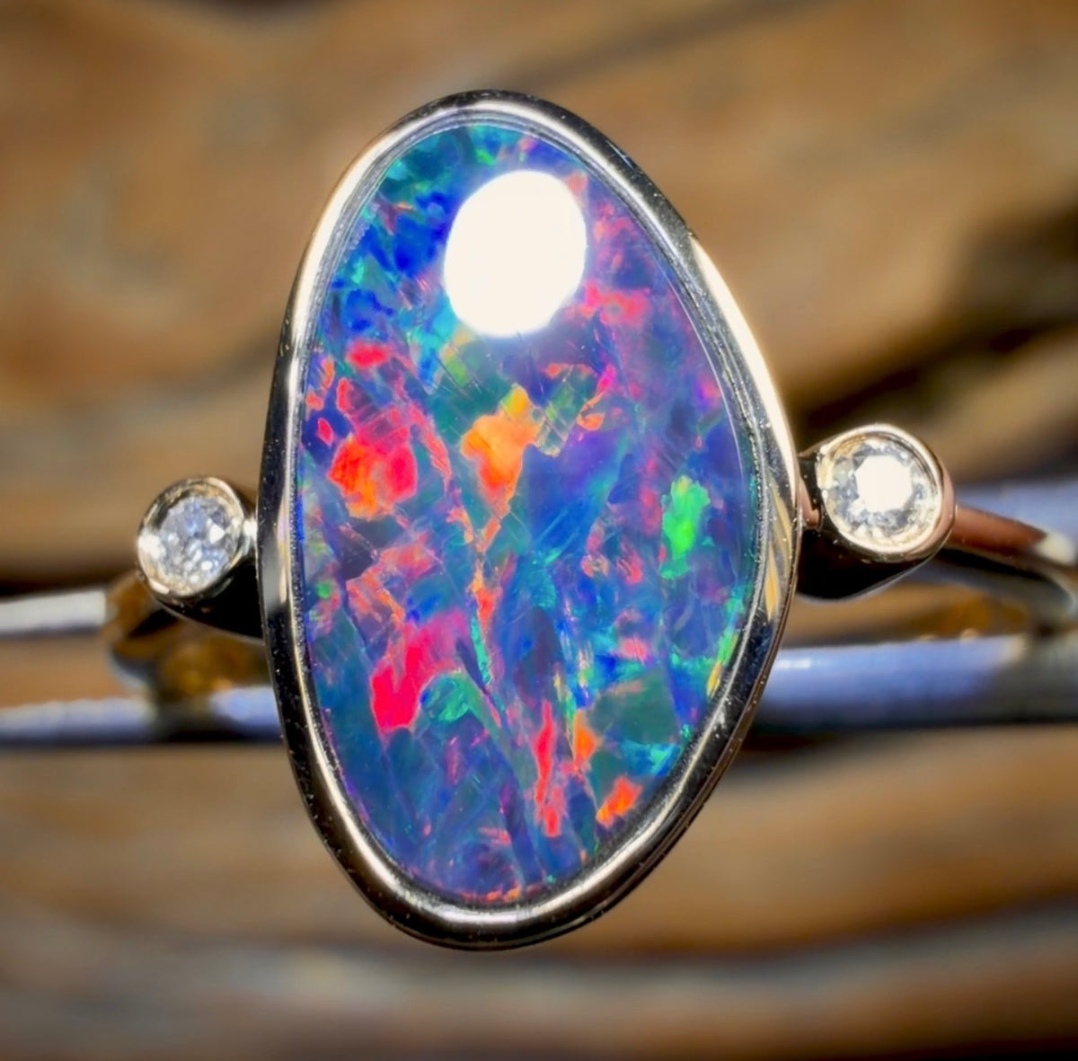 14k Gold - Queensland Boulder Opal Doublet Ring Top Fire Red Multi