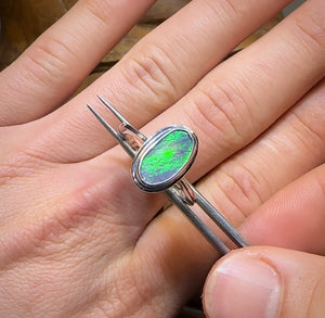 Sterling Silver - Green and Gold Solid Lightning Ridge Black Opal Ring - Opal Whisperers