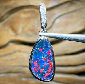 14k White Gold - Queensland Boulder Doublet Opal Pendant Best Deep Red - Opal Whisperers