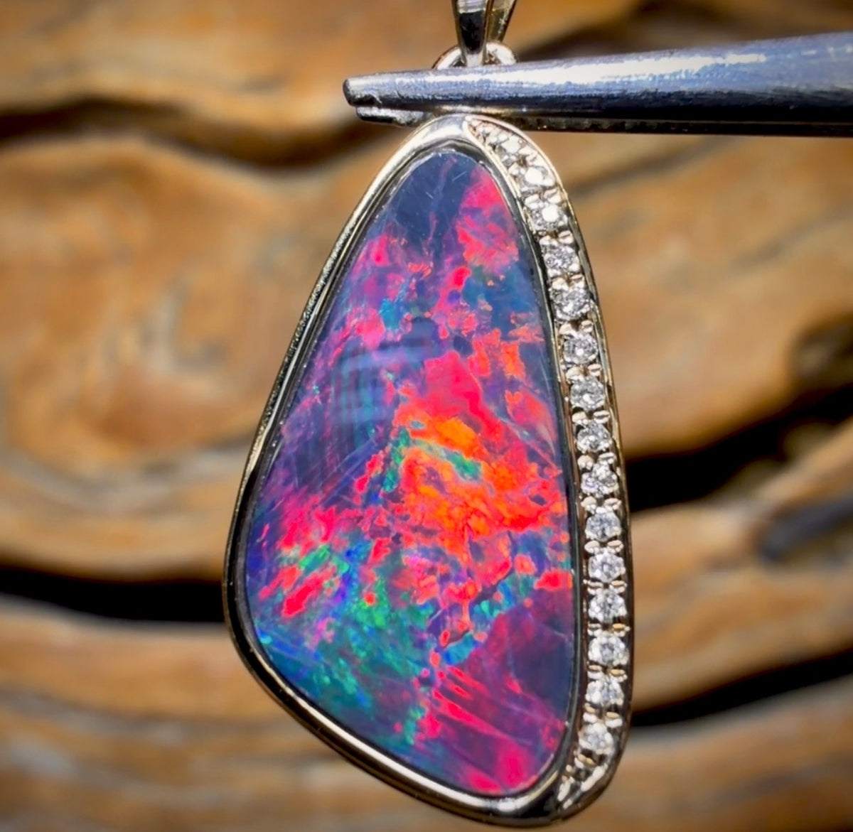 14k Gold - Queensland Boulder Opal Doublet Pendant Best Red Broad  Flash with Diamonds New 2026