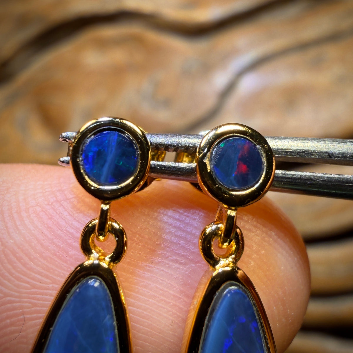 Sterling Silver Gold Plated  - Australian Boulder Opal Doublet Drop Stud Earrings