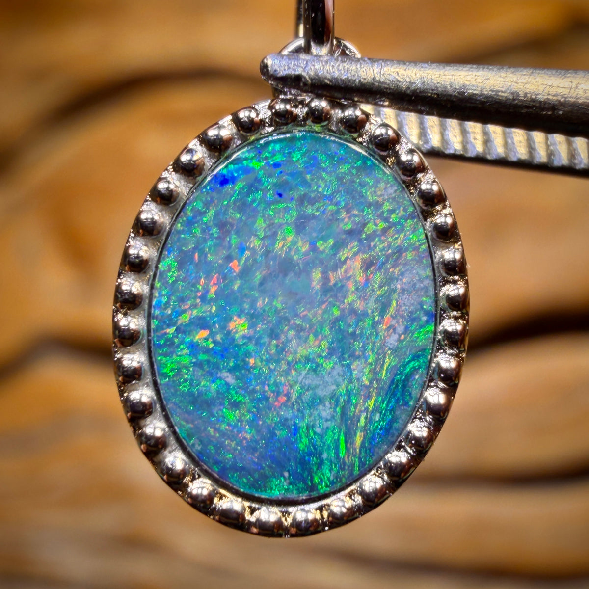 Sterling Silver - Queensland Boulder Opal Doublet Pendant. NEW Antique Style Beaded Design