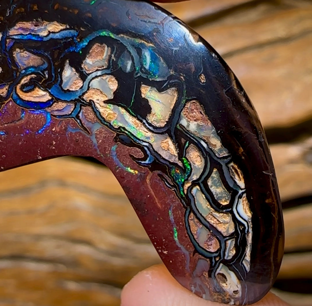 59.8cts - “Tribal Boomerang” Koroit Opal. Double Sided - Opal Whisperers