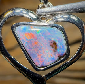 Sterling Silver - SOLID Australian Boulder Opal Pendant with Red, Orange