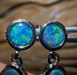 Sterling Silver - Unique One Off Australian Boulder Opal Doublet Drop Stud Earrings